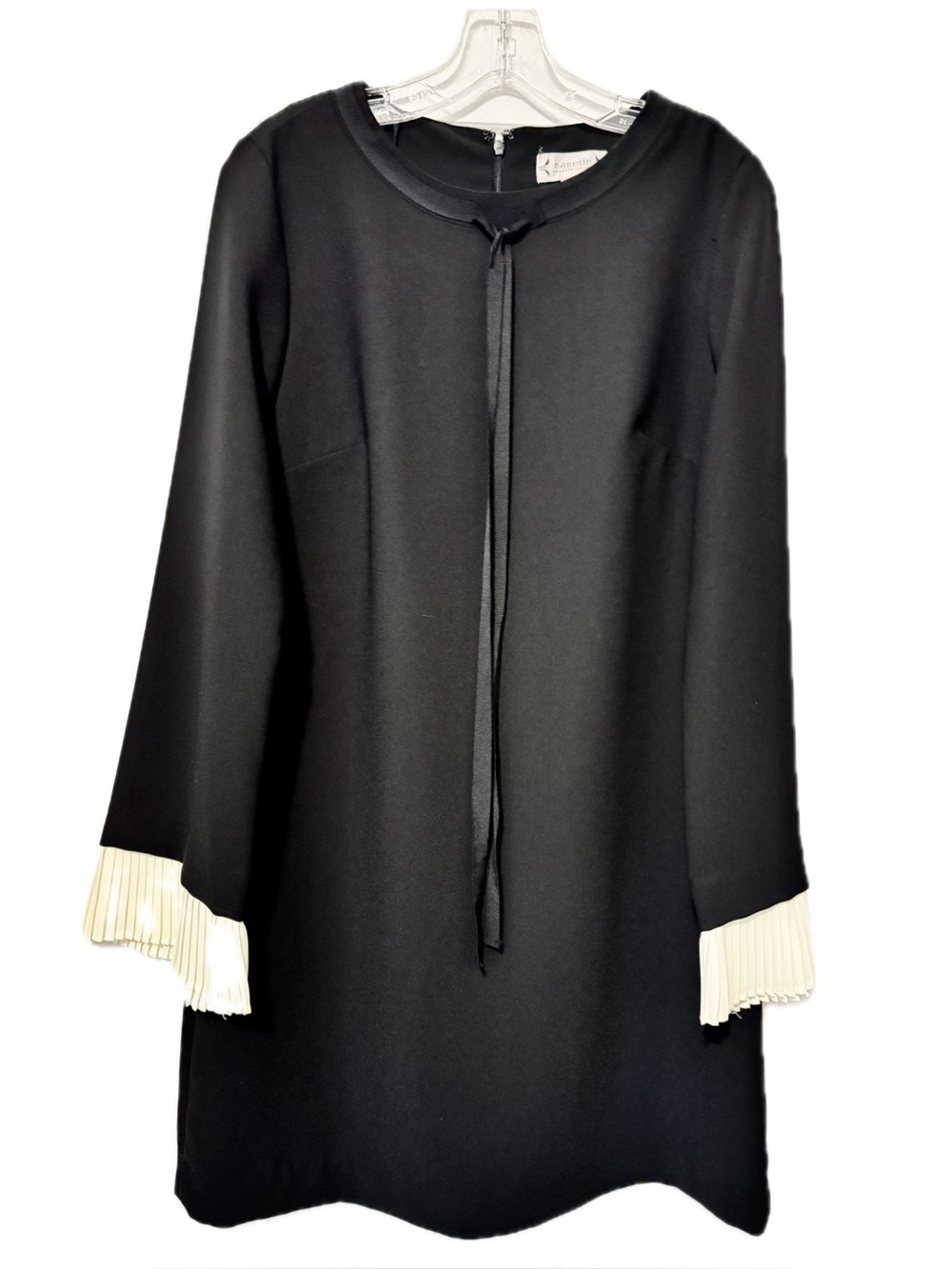 Nanette Lepore Black Shift Dress Pleated Sleeve Cuffs Tie Neck Office Retro SZ 8